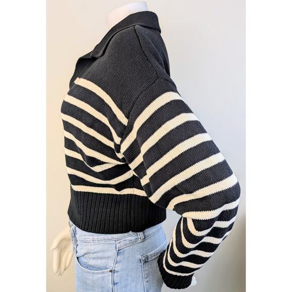 Olivaceous Ronald Black White Striped Deep V-Neck Collared Crop Sweater Medium - Picture 5 of 10